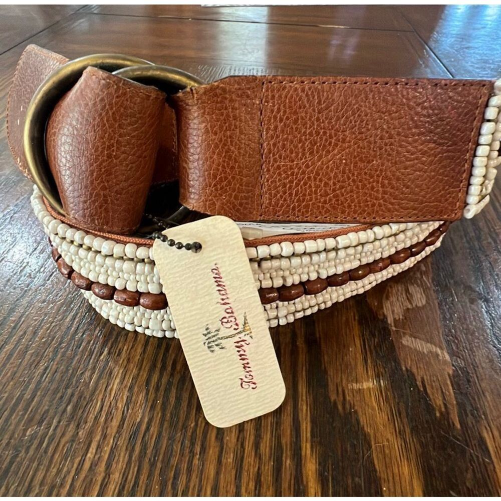 Tommy Bahama Beaded Leather Belt Brown Boho Nwt